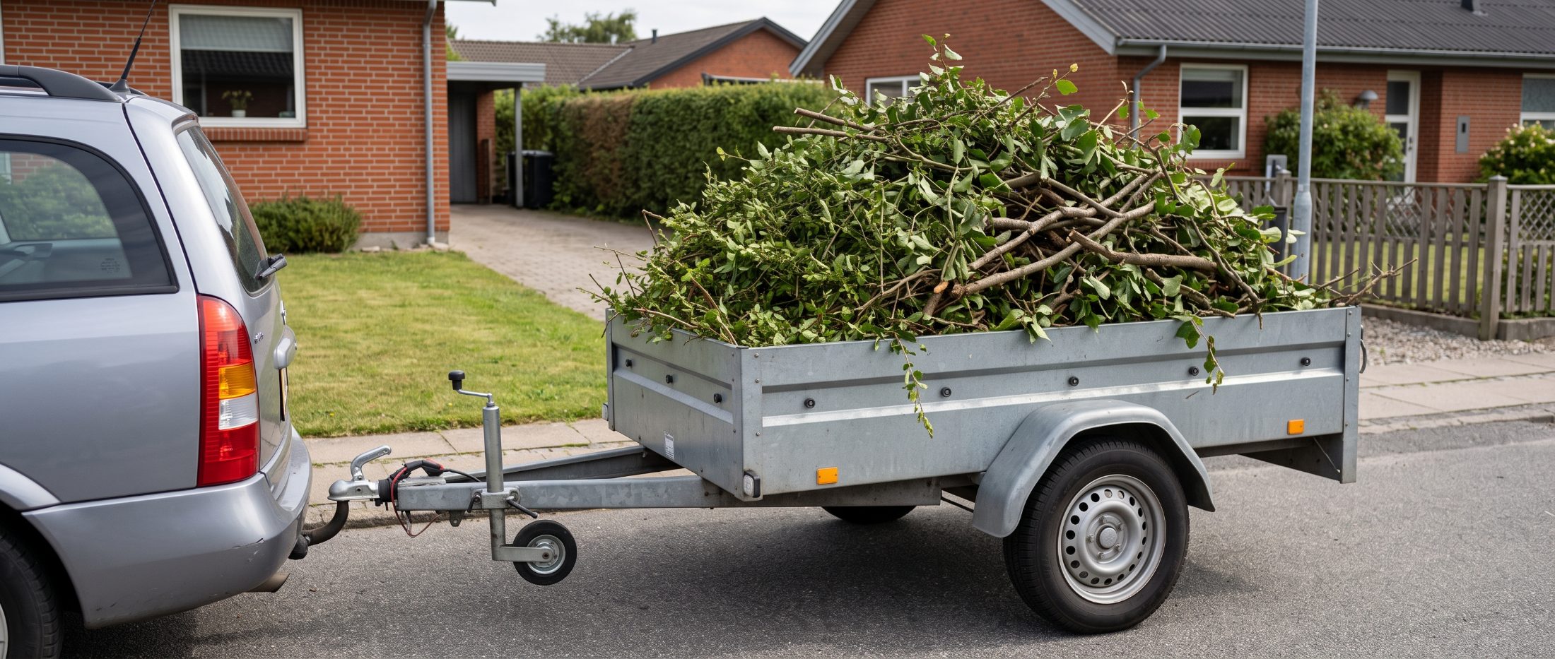 Trailer læsset med grene og haveaffald ved en indkørsel