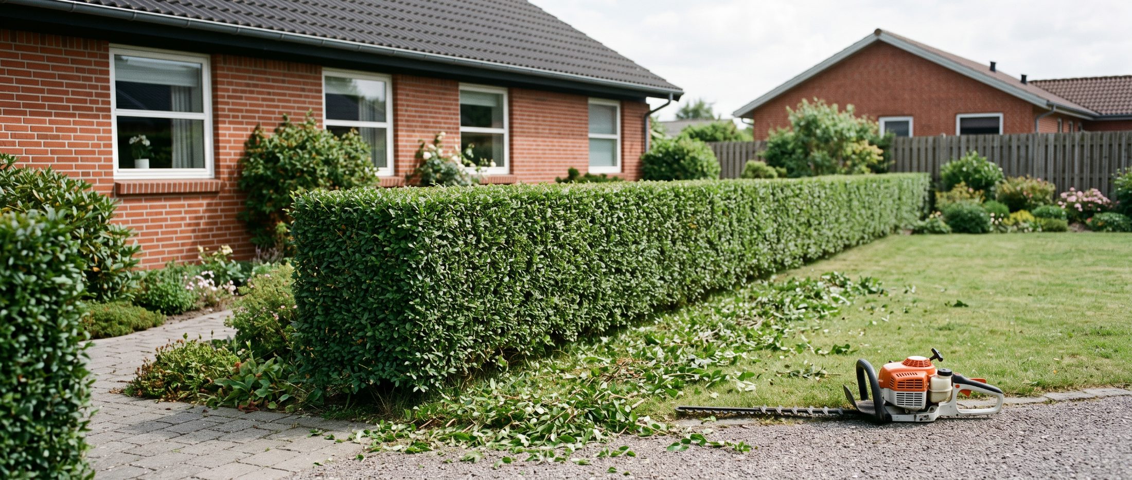 Nyklippet hæk med hækkeklipper og afklip på plænen
