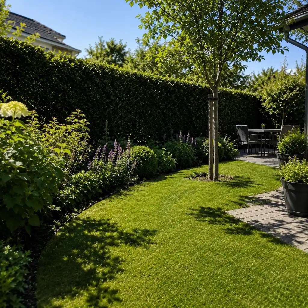 Privat have med plæne, hæk og terrasse