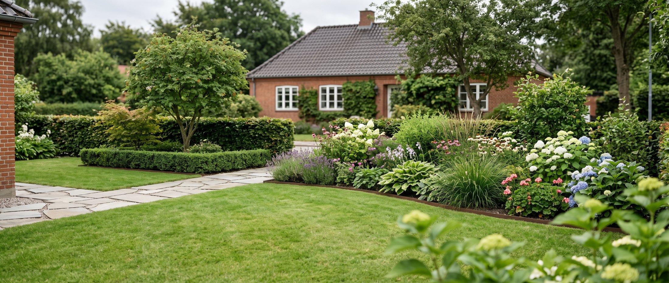 Velholdt dansk have med græsplæne, blomsterbed og klippet hæk