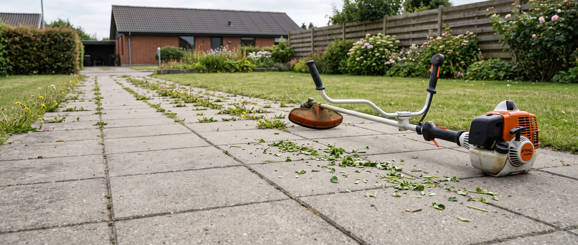 Kratrydder med afklippet ukrudt på en flisebelagt gangsti